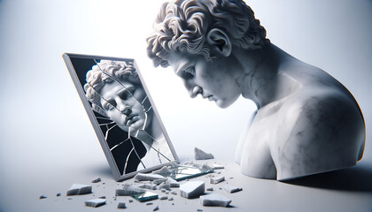 altgriechische Marmorstatue schaut in zersprungenen Spiegel, kaputtes Selbstbild - obrazy, fototapety, plakaty