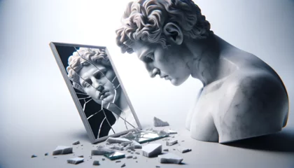 Fotobehang altgriechische Marmorstatue schaut in zersprungenen Spiegel, kaputtes Selbstbild © Marble Station
