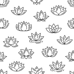 Outline lotus flowers seamless pattern background, vector floral blossom petals. Spa, yoga meditation and zen Asian ornament pattern of lotus flowers in black line on white background - obrazy, fototapety, plakaty