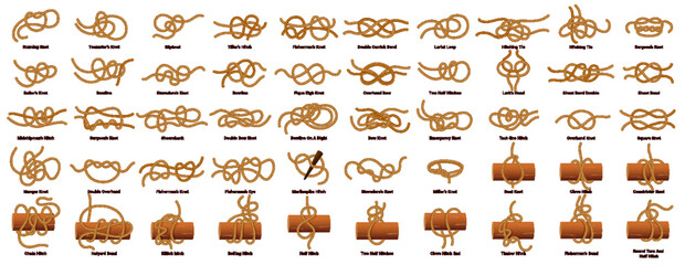 Sailing ship rope knots, nautical sailor tie and bow, vector marine cords set icons. Nautical rope knot types and sea boat string loop names, bowline and fisherman hitching or double carrick knots - obrazy, fototapety, plakaty