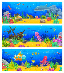 Arcade game level, cartoon underwater landscape vector backgrounds with fish shoals and marine animals. Submarine, sunken ship and pirate treasure chest on tropical ocean coral reef bottom