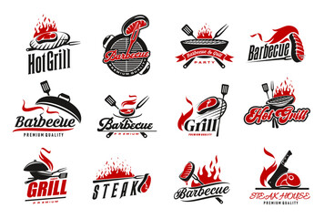 BBQ grill icons of barbecue meat on fire for restaurant or steak bar, vector signs. BBQ grill food party or picnic icons with barbeque fork and roast beef on fire flame for barbecue restaurant menu - obrazy, fototapety, plakaty
