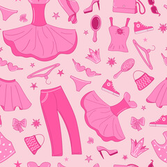 Pattern of pink doll accessories, shoes and clothes. Suit, dress, shoes, hat. Pink fashion set. Vector seamless background.