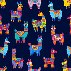 Cartoon llama and alpaca characters seamless pattern. Wrapping paper seamless background, wallpaper vector pattern or textile print. Fabric backdrop with colorful mexican ornaments fur lama animal © Vector Tradition