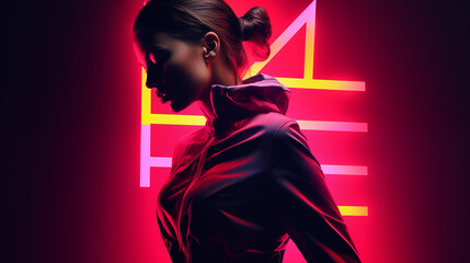 portrait fashionable girl with neon lighting studio photo shoot advertising banner concept. modern business card concept, copy space for your advertisement. 