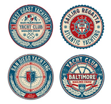 Yacht club retro patch, regatta badge. Sea sailing and navigation vector retro labels. Nautical regatta round badge or yachting sport grunge symbols with coat of arms, compass and laurel wreath
