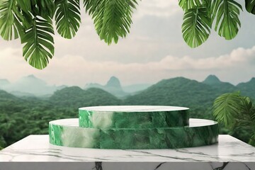 Fototapeta na wymiar Product presentation with a marble podium set with beautiful mountains in the background