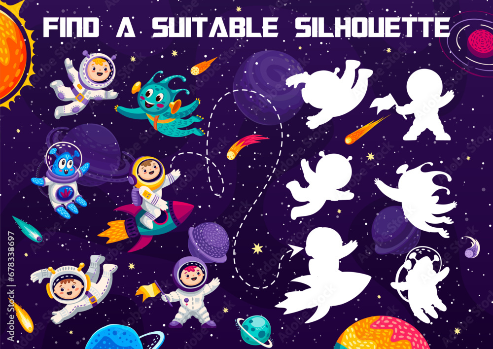 Poster find suitable silhouette of astronauts and spaceman in starry galaxy space, vector puzzle game. cart