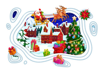 Christmas paper cut greeting card with flying Santa on sleigh and winter town landscape. Vector 3d papercut layered double exposition frame with funny Father noel rides deer sled over cottage roofs