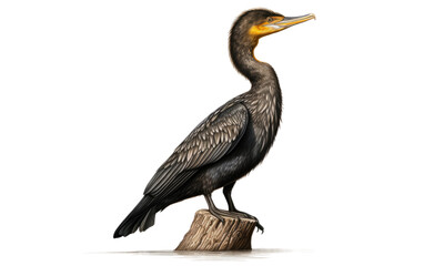 Black Cormorant Bird Sitting on a Wood on a Clear Surface or PNG Transparent Background.