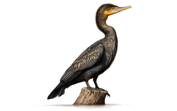 Black Cormorant Bird Sitting on a Wood on a Clear Surface or PNG Transparent Background.