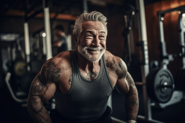 Fitness man at workout. Elderly pensioner old man smiling in gym. 60-70 Year Old Bodybuilder. Funny old grandfather in gym. Pensioner with smile lifts weight in sports club. Muscular bodybuilder gym - obrazy, fototapety, plakaty