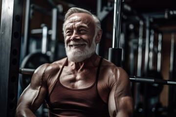 Naklejka premium Fitness man at workout. Elderly pensioner old man smiling in gym. 60-70 Year Old Bodybuilder. Funny old grandfather in gym. Pensioner with smile lifts weight in sports club. Muscular bodybuilder gym