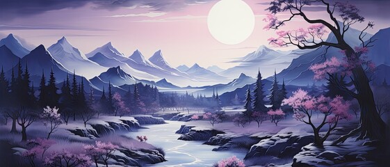 abstract watercolor landscape dark purple dark blue background with tree and river lake , generated...