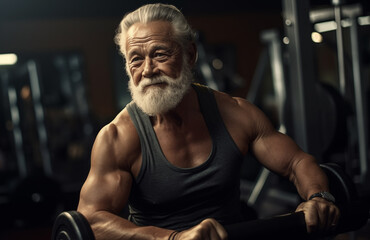 Fitness man at workout. Elderly pensioner old man smiling in gym. 60-70 Year Old Bodybuilder. Funny old grandfather in gym. Pensioner with smile lifts weight in sports club. Muscular bodybuilder gym - obrazy, fototapety, plakaty