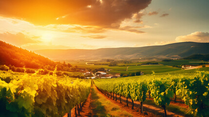 Charming Vineyard Landscape Under a Golden Sunset, Enhanced with Warm and Earthy Tones to Evoke a Romantic and Idyllic Ambiance