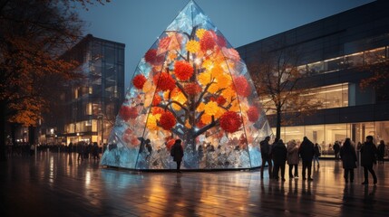 Christmas, Festive modern concept art tree under a canopy in the city square