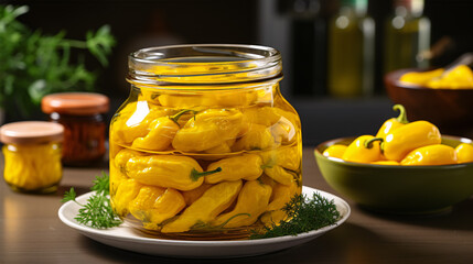 A single pepperoncini, friggitelli, or pickled yellow pepper isolated on a kitchen background. - obrazy, fototapety, plakaty