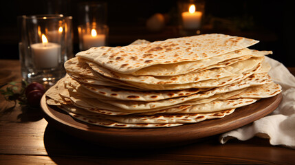 Thin lavash bread placed atop a wooden table.