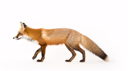 A Red fox gazes lonely in a white background from a lateral perspective.