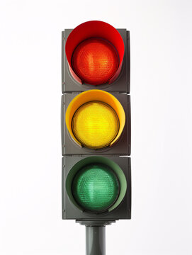 A close-up of a tricolor traffic signal set against a plain white backdrop.