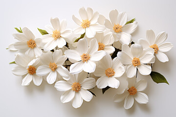 Craft-wrapped white flowers laid against a pale backdrop.