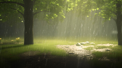 Enjoy the calming atmosphere of the shower of heavy rain in the warm season of spring or summer. - obrazy, fototapety, plakaty