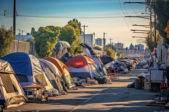 Homeless tent camp and garbage along the road in a modern city