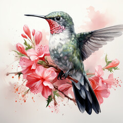 Watercolor Hummingbird and Flowers Sublimation Clipart illustration Generative Ai
