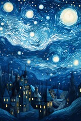 dipinto copertina cartolina acquarello panorama cielo blu notte stellata  - obrazy, fototapety, plakaty