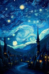 dipinto copertina cartolina acquarello panorama cielo blu notte stellata  - obrazy, fototapety, plakaty