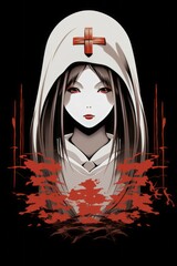 shogun disegno volto femminile pallido capelli lunghi neri anime farfalle fiori croce suora santa sfondo nero flat design - obrazy, fototapety, plakaty