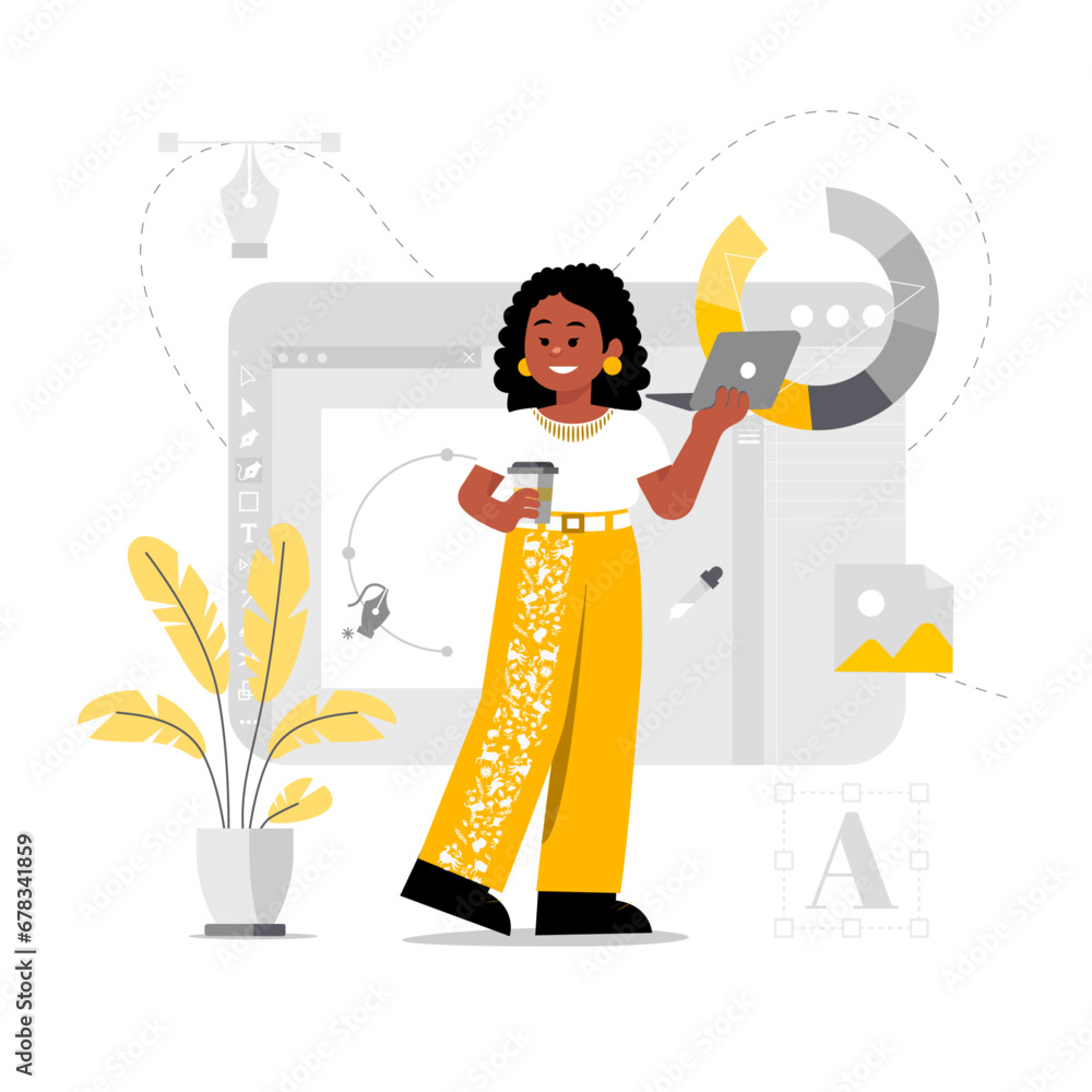 Poster graphic designer, creative creator design, digital computer display workspace. modern flat line desi