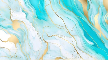 Pastel cyan mint liquid marble watercolor background with gold lines and brush stains