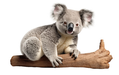 Fototapeta premium Cuddly Koala Plushie in Gray Color Sitting on a Wood on a Clear Surface or PNG Transparent Background.