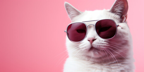 Meme cat with sunglasses and skeptical look on pastel pink background and copy paste. - obrazy, fototapety, plakaty
