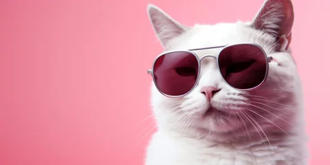 Foto op Plexiglas Meme cat with sunglasses and skeptical look on pastel pink background and copy paste. © lagano