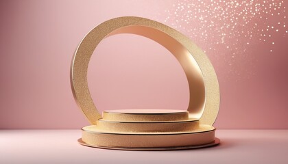 Pedestal podium with shiny particles. Beauty product promotion platform display mockup