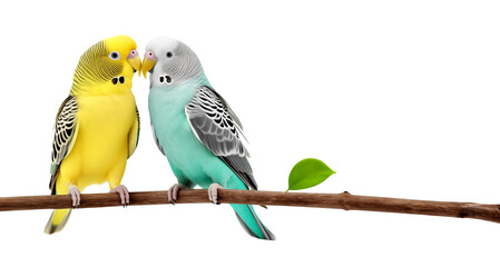 two parakeets couple in isolated background - obrazy, fototapety, plakaty