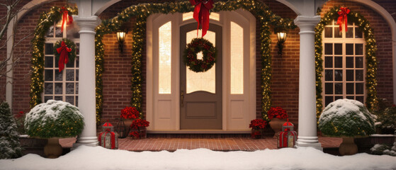 Of a front door decorated for christmas with snow.