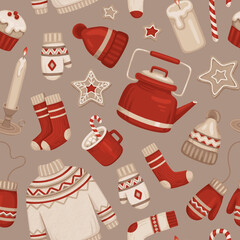 Winter seamless pattern. Hygge time. Perfect for wrapping paper, packaging design, seasonal home textile, greeting cards and other printed goods