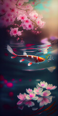 Fish and vibrant closeup cherry blossoms. Ai  generated