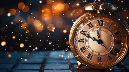 New Year's Eve concept. Vintage golden clock on a blue background. - obrazy, fototapety, plakaty