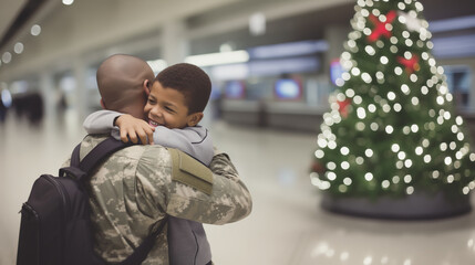 A military African American father reunites with his son at the airport, embracing emotionally after an armed conflict, returning home for Christmas.Christmas tree in the background,copy space