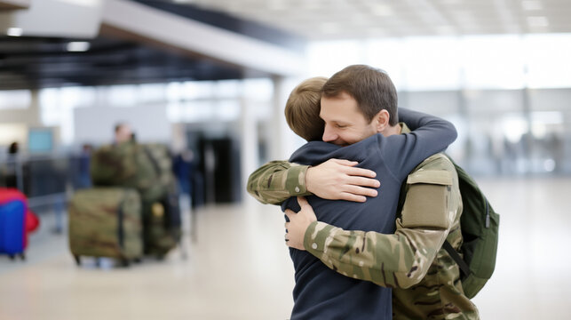 a military father embraces his teenage son as they reunite at the airport upon their arrival home from an armed conflict. the sacrifice of military life-risking your life to defend your country. - Powered by Adobe
