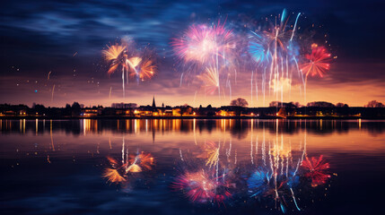 fireworks over water - obrazy, fototapety, plakaty