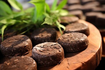 Obraz premium Pressed puer tea and teapot. AI Generated