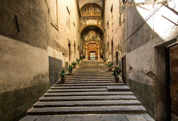 Fototapeta na wymiar Antrance of the cloister of Armenian sanctuary in Naples, Italy.