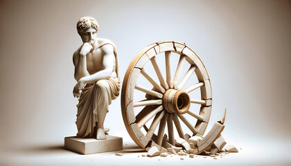 altgriechische Marmorstatue neben zerstörtem Rad, Rückschläge bei Erfindungen