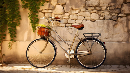 Fototapeta na wymiar Charming Vintage Bicycle Resting Against an Old Stone Wall, Enhanced with Warm and Muted Tones to Evoke a Nostalgic and Timeless Atmosphere